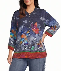 John Mark Plus Size Woven Allover Butterfly Floral Print Button-Front Tunic