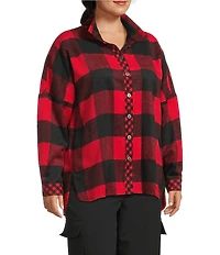 John Mark Plus Size Woven Buffalo Plaid Wire Collar Long Sleeve Hi-Low Hem Button Front Tunic