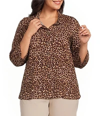 John Mark Plus Size Woven Cheeta Print Wire Collar 3/4 Sleeve Button Front Blouse
