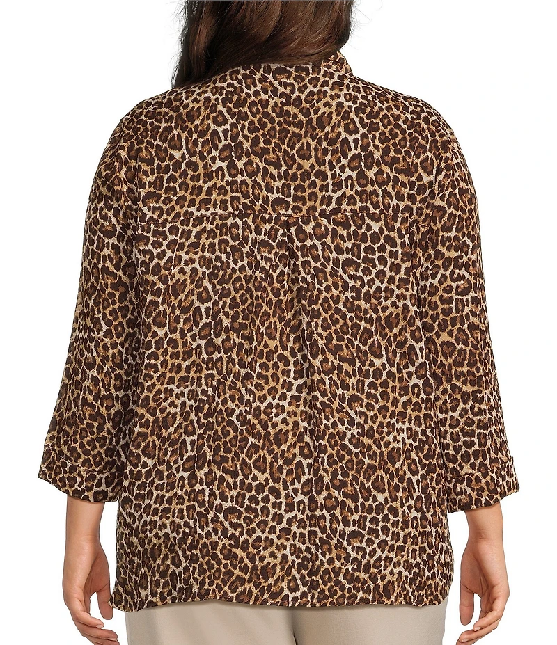 John Mark Plus Size Woven Cheeta Print Wire Collar 3/4 Sleeve Button Front Blouse
