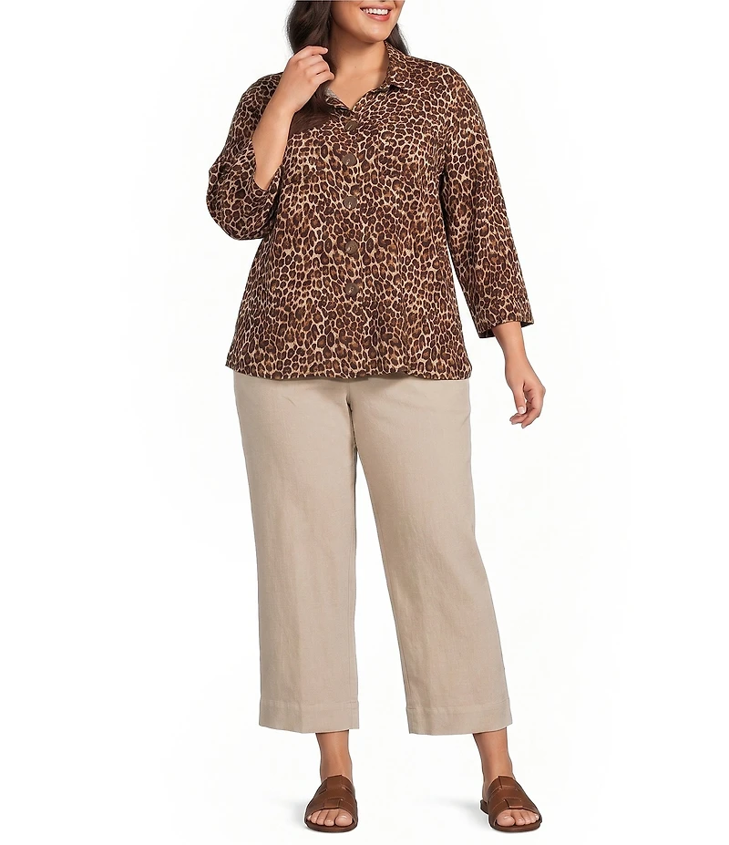 John Mark Plus Size Woven Cheeta Print Wire Collar 3/4 Sleeve Button Front Blouse