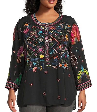 John Mark Plus Size Woven Embroidered Banded Collar 3/4 Cuffed Sleeve Hi-Low Hem Tunic
