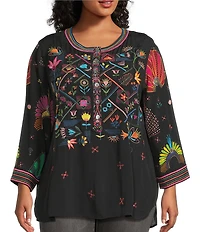 John Mark Plus Size Woven Embroidered Banded Collar 3/4 Cuffed Sleeve Hi-Low Hem Tunic