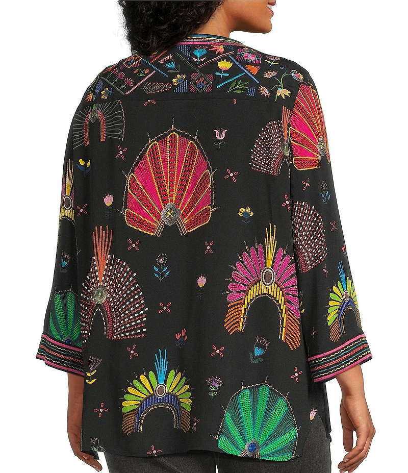 John Mark Plus Size Woven Embroidered Banded Collar 3/4 Cuffed Sleeve Hi-Low Hem Tunic