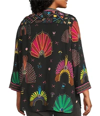 John Mark Plus Size Woven Embroidered Banded Collar 3/4 Cuffed Sleeve Hi-Low Hem Tunic