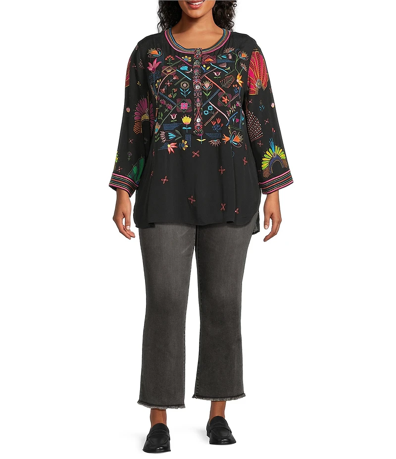 John Mark Plus Size Woven Embroidered Banded Collar 3/4 Cuffed Sleeve Hi-Low Hem Tunic