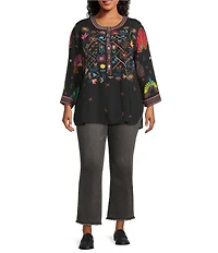 John Mark Plus Size Woven Embroidered Banded Collar 3/4 Cuffed Sleeve Hi-Low Hem Tunic