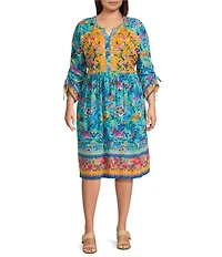 John Mark Plus Size Woven Embroidered Mix Print Y-Neck 3/4 Cinched Tie Sleeve Dress