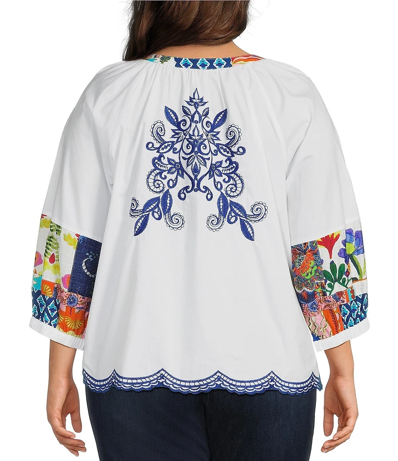 John Mark Plus Size Woven Floarl Paisley Print Crew Neck 3/4 Blouson Sleeve Scalloped Hemmed Button Front Shirt