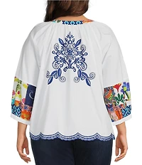John Mark Plus Size Woven Floarl Paisley Print Crew Neck 3/4 Blouson Sleeve Scalloped Hemmed Button Front Shirt