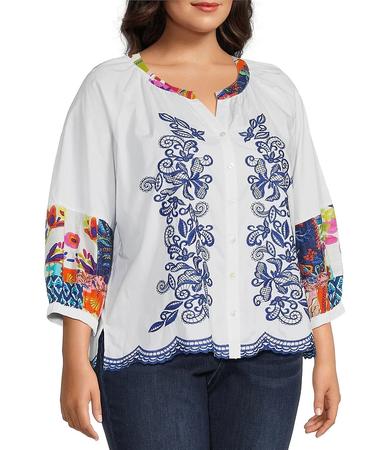 John Mark Plus Size Woven Floarl Paisley Print Crew Neck 3/4 Blouson Sleeve Scalloped Hemmed Button Front Shirt