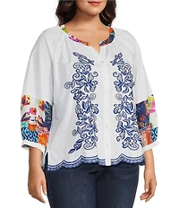 John Mark Plus Size Woven Floarl Paisley Print Crew Neck 3/4 Blouson Sleeve Scalloped Hemmed Button Front Shirt