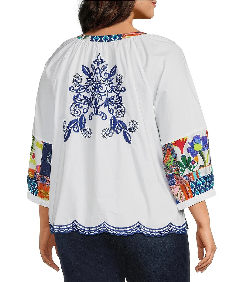 John Mark Plus Size Woven Floarl Paisley Print Crew Neck 3/4 Blouson Sleeve Scalloped Hemmed Button Front Shirt