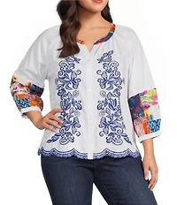 John Mark Plus Size Woven Floarl Paisley Print Crew Neck 3/4 Blouson Sleeve Scalloped Hemmed Button Front Shirt