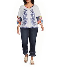 John Mark Plus Size Woven Floarl Paisley Print Crew Neck 3/4 Blouson Sleeve Scalloped Hemmed Button Front Shirt