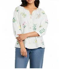 John Mark Plus Size Woven Floral Embroider Y-Neck 3/4 Blouson Sleeve Top