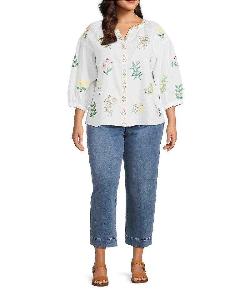 John Mark Plus Size Woven Floral Embroider Y-Neck 3/4 Blouson Sleeve Top