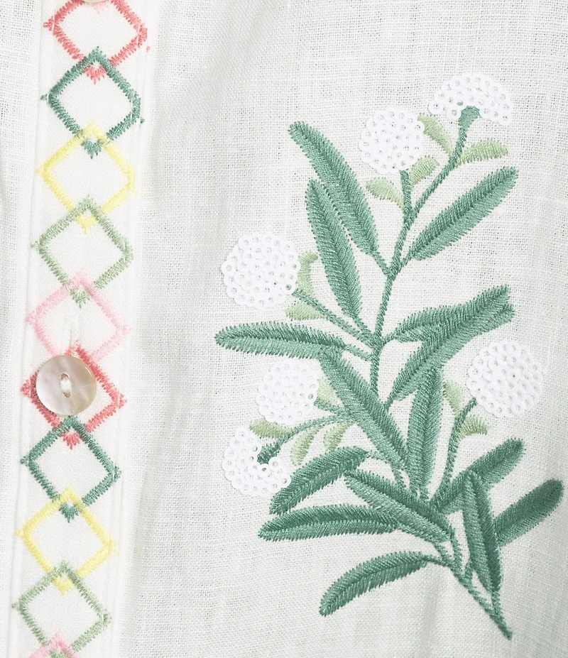 John Mark Plus Size Woven Floral Embroider Y-Neck 3/4 Blouson Sleeve Top