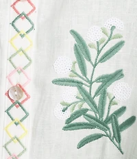 John Mark Plus Size Woven Floral Embroider Y-Neck 3/4 Blouson Sleeve Top