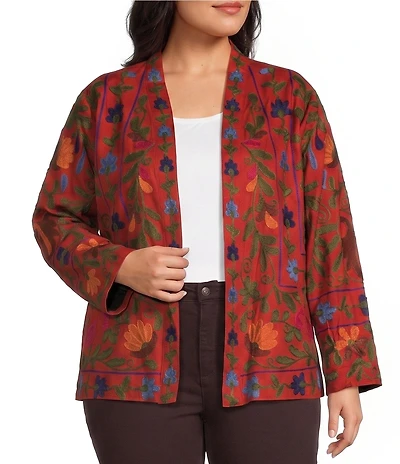 John Mark Plus Size Woven Floral Embroidered Long Sleeve Open-Front Jacket