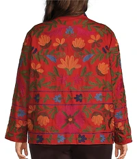 John Mark Plus Size Woven Floral Embroidered Long Sleeve Open-Front Jacket