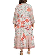 John Mark Plus Size Woven Floral Mixed Print V-Neck 3/4 Sleeve Tiered A-Line Midi Dress