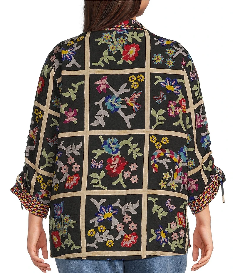 John Mark Plus Size Woven Floral Print Embroidered Wire Collar 3/4 Cinched Sleeve Button Front Shirt