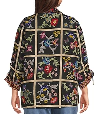 John Mark Plus Size Woven Floral Print Embroidered Wire Collar 3/4 Cinched Sleeve Button Front Shirt