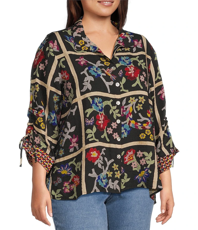 John Mark Plus Size Woven Floral Print Embroidered Wire Collar 3/4 Cinched Sleeve Button Front Shirt