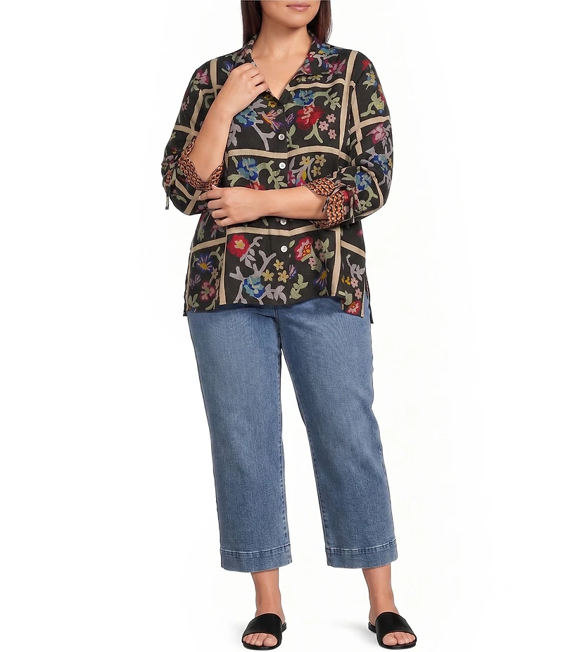 John Mark Plus Size Woven Floral Print Embroidered Wire Collar 3/4 Cinched Sleeve Button Front Shirt