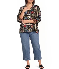 John Mark Plus Size Woven Floral Print Embroidered Wire Collar 3/4 Cinched Sleeve Button Front Shirt