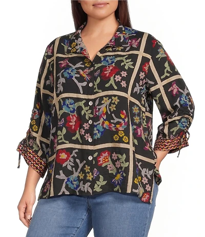 John Mark Plus Size Woven Floral Print Embroidered Wire Collar 3/4 Cinched Sleeve Button Front Shirt