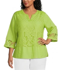 John Mark Plus Size Woven Lace Inset Embroidered Split V-Neck 3/4 Sleeve Tunic