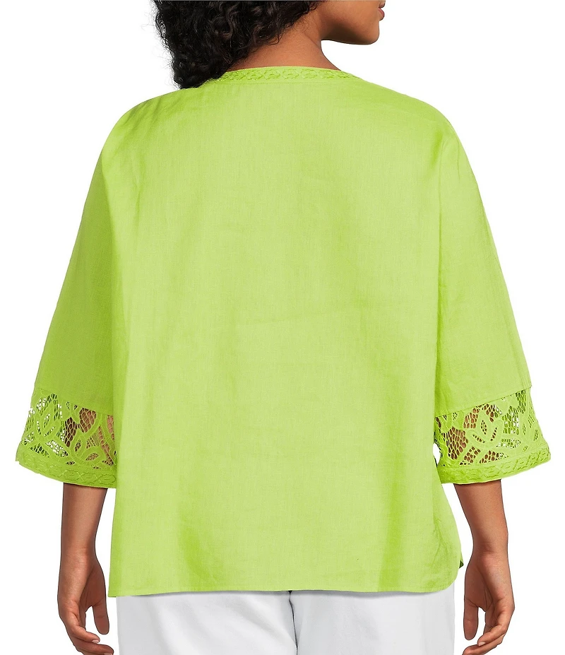 John Mark Plus Size Woven Lace Inset Embroidered Split V-Neck 3/4 Sleeve Tunic