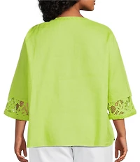 John Mark Plus Size Woven Lace Inset Embroidered Split V-Neck 3/4 Sleeve Tunic