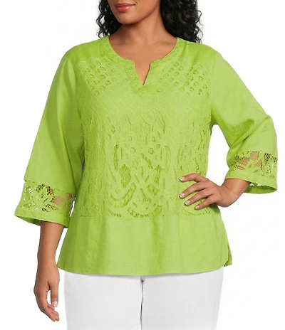 John Mark Plus Size Woven Lace Inset Embroidered Split V-Neck 3/4 Sleeve Tunic