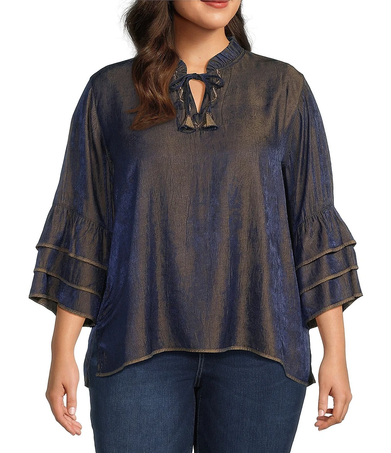 John Mark Plus Size Woven Metallic Embroidered Ruffled Split V-Neck 3/4 Sleeve Hi-Low Hem Peasant Tunic