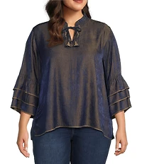 John Mark Plus Size Woven Metallic Embroidered Ruffled Split V-Neck 3/4 Sleeve Hi-Low Hem Peasant Tunic