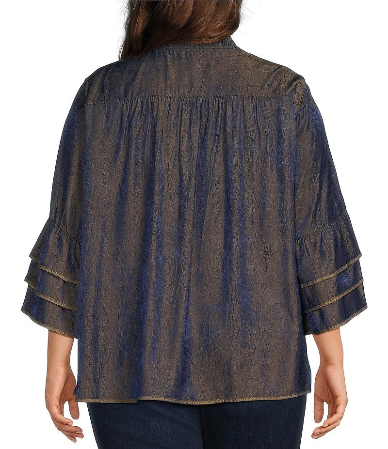 John Mark Plus Size Woven Metallic Embroidered Ruffled Split V-Neck 3/4 Sleeve Hi-Low Hem Peasant Tunic