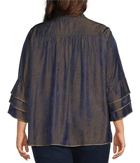 John Mark Plus Size Woven Metallic Embroidered Ruffled Split V-Neck 3/4 Sleeve Hi-Low Hem Peasant Tunic