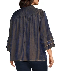John Mark Plus Size Woven Metallic Embroidered Ruffled Split V-Neck 3/4 Sleeve Hi-Low Hem Peasant Tunic