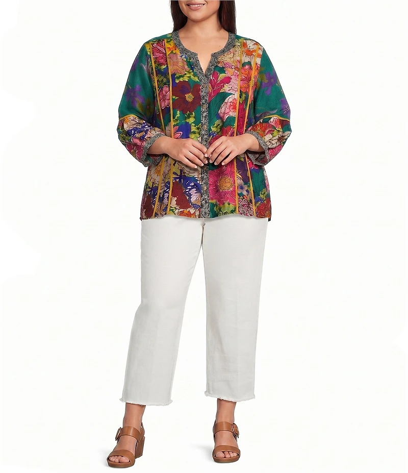John Mark Plus Size Woven Mixed All Over Print Banded Y-Neck 3/4 Lantern Sleeve Button Front Shirt