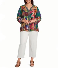 John Mark Plus Size Woven Mixed All Over Print Banded Y-Neck 3/4 Lantern Sleeve Button Front Shirt