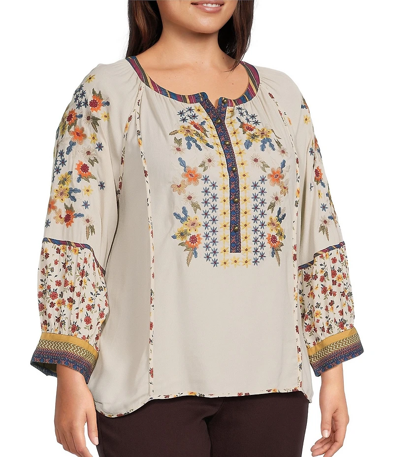 John Mark Plus Size Woven Mixed Print Embroidered Round Neck 3/4 Raglan Sleeve Tunic