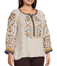 John Mark Plus Size Woven Mixed Print Embroidered Round Neck 3/4 Raglan Sleeve Tunic
