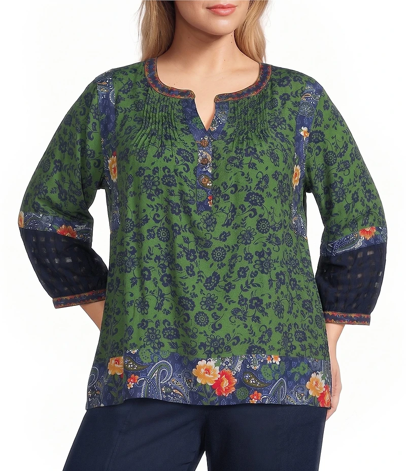 John Mark Plus Size Woven Mixed Print Patchwork Y-Neck 3/4 Sleeve Peasant Top