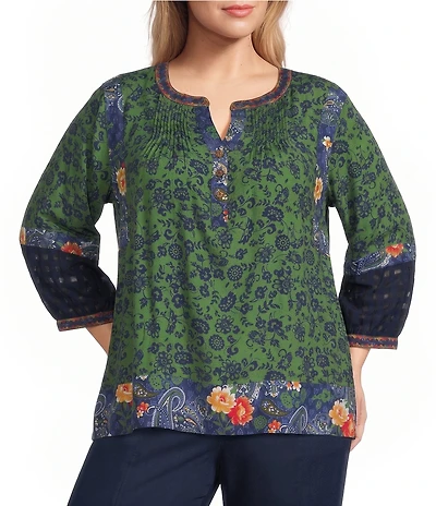 John Mark Plus Size Woven Mixed Print Patchwork Y-Neck 3/4 Sleeve Peasant Top