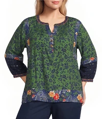 John Mark Plus Size Woven Mixed Print Patchwork Y-Neck 3/4 Sleeve Peasant Top