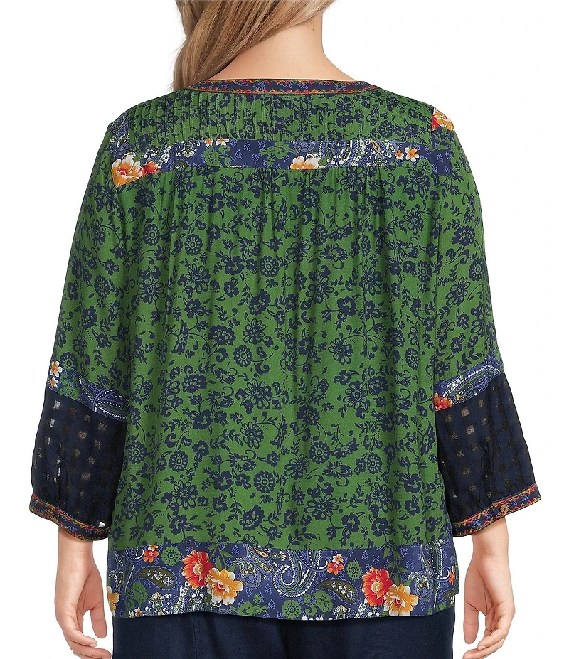 John Mark Plus Size Woven Mixed Print Patchwork Y-Neck 3/4 Sleeve Peasant Top
