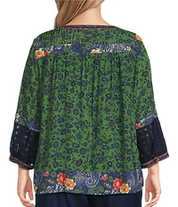 John Mark Plus Size Woven Mixed Print Patchwork Y-Neck 3/4 Sleeve Peasant Top